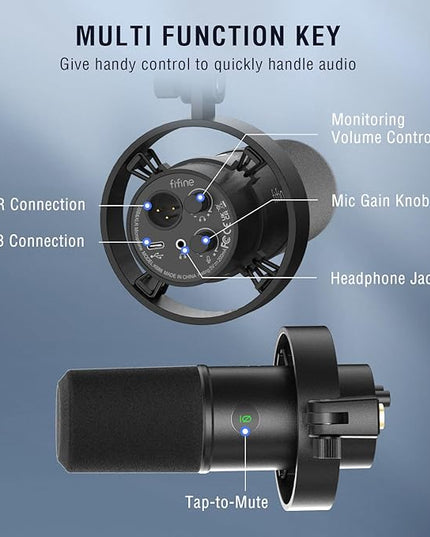 FIFINE Dynamic Podcast Microphone Set with Boom Arm Stand, Studio XLR/USB Microphone for Recording Vocal Streaming, Metal Mic with Mute Tap, Headphone Jack, Heavy Duty Boom Arm-K688T