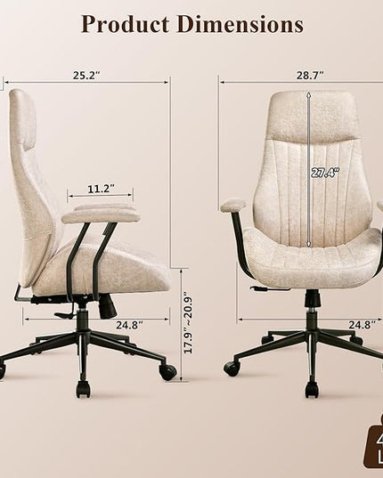 Mid Century Modren Office Chair,Computer Desk Swivel Task Chair with Wheels, High Back Ergonomic Executive Chair with Lumbar Support, Faux Lether Suede Fabric Home Chair (High Back, Beige)