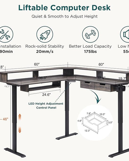 RedLemon 60 Inches L Shaped Electric Standing Desk,Height Adjustable Corner Gaming Desk with Drawers, Keyboard Tray, Power Outlets & LED Lights, Computer Desk with Monitor Shelf, Dark Rustic Oak