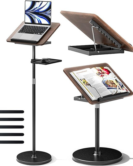 2 in 1 Adjustable Book Stand - Dual-Use Floor and Desktop Book Holder Stand, Height Adjustable 23.5-52 in, Elastic Page Clips for Music Sheet, Recipe, Tablet, Laptop-Black