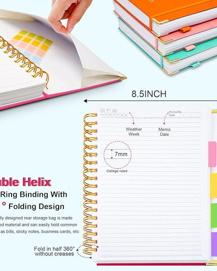 Hardcover Spiral Notebook 8.5"x11" Journal Notebook with Tabs and Removable Dividers 300 Pages 5 Subject Notebook College Ruled, Faux Leather Spiral Bound Notebook for Women School Work (Rose Red)