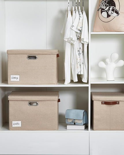 17" Large Collapsible Storage Bins with Lids, Stackable Closet Organizers with PU Handle and Labels, 3-Pack Decorative Fabric Storage Boxes for Home, Bedroom, Closet, Office, Nursery(Khaki)