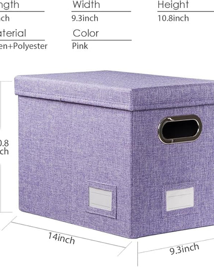 PRANDOM File Organizer Box - Set of 2 Collapsible Decorative Linen Filing Storage Hanging File Folders with Lids Office Cabinet Letter Size Purple (14x9.3x10.8 inch)
