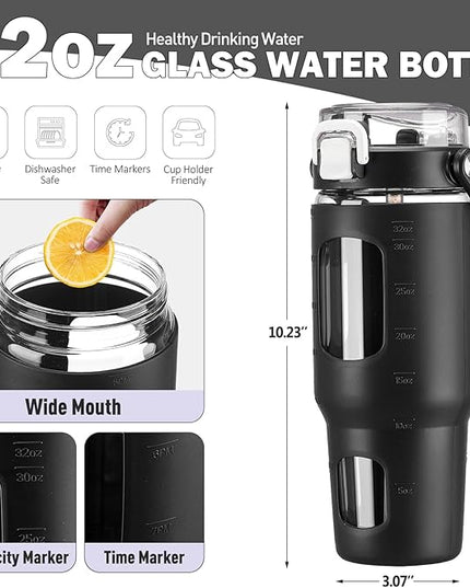 BLUEGO 32oz Glass Tumbler with Lid and Handle, Iced Coffee Cup with Straws, Glass Water Bottle with Silicone Sleeve and Volume, Marker Glass Cup with Time Marking, BPA Free, Black