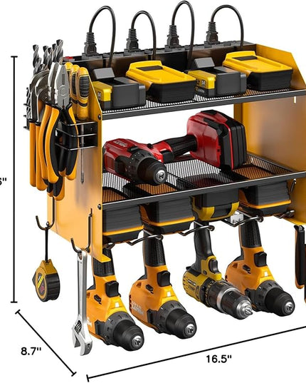 CCCEI Modular Power Tool Organizer Wall Mount with Charging Station. Garage Drill Storage Shelf with Hooks, Heavy Duty Rack, Tool Battery Holder Built in 8 Outlet. Gift for Men. Yellow, 2 Pack.