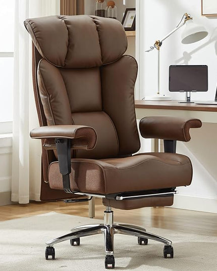 Big and Tall Ergonomic Office Chair 450LBS with Foot Rest, High Back PU Leather Executive Chair with Adjustable Padded Armrests, Lumbar Support for Home or Work, Heavy Duty Computer Chair, Brown
