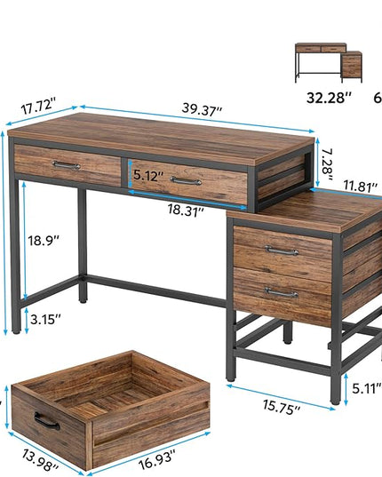 Tribesigns Computer Desk with 5 Drawers, Home Office Desks with Reversible Drawer Cabinet Printer Stand, Industrial PC Desk with Storage, Rustic Study Writing Table Workstation for Small Spaces