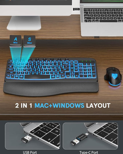 SABLUTE Ergonomic Wireless Keyboard and Mouse Combo - Wave Keyboard with Soft Leather Wrist Rest, Resistant Keys, RGB Backlit Rechargeable Set for PC/Mac/Chromebook (Black)