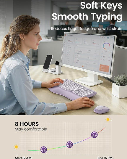 Purple Ergonomic Wireless Keyboard and Mouse Combo, Sablute 2.4G Full Size Ergo Wave Key Board with Cushioned Plam Rest, Natural Typing, 3 DPI Adjustable Silent Mouse for Computer/Laptop/Windows/Mac