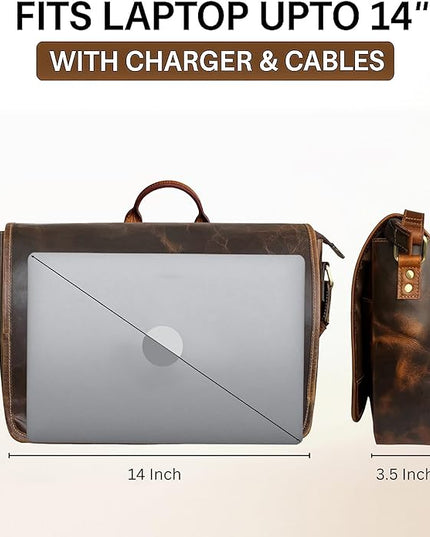Leather Messenger Bag for Men 14" Leather Laptop Bag Vintage Crossbody Office Satchel Travel Shoulder Bag