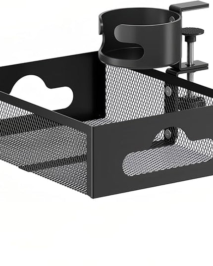 Cup Holder Under Desk Drawer 360° Swivel C-clamp Mounting Mesh Storage Box Spill-proof Easy Install Table Management Tray