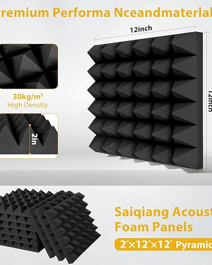 24 Pack Sound Proof Foam Panels for Walls, 2"X 12" X 12" Pyramid Designed Acoustic Foam Panels Sound Absorbing, Noise Cancelling Dampening Wall Panels for Studio Recording & Office & Home