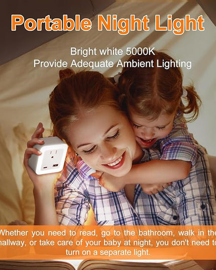 JackonLux Night Lights Plug Into Wall 2 Pack Rechargeable Battery Backup Light Dusk to Dawn Sensor Night Light with Outlet Expander for Adults Kids Bedroom, Kitchen, and Bathroom (Daylight - 5000K)
