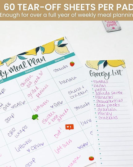bloom daily planners Horizontal Weekly Magnetic Meal Planning Pad for Fridge with Tear-Off Grocery Shopping List - Hanging Food/Menu Organizer Notepad with Magnets - 8.5” x 11” - Lemons