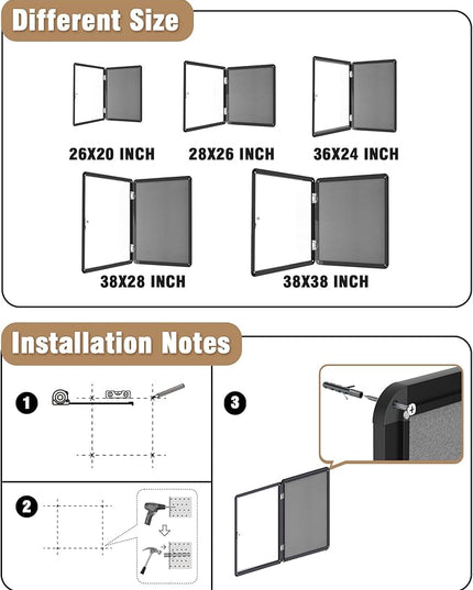 Mifuro 36"x24" Enclosed Bulletin Board, Lockable Weather-Resistant Aluminum Cork Noticeboard for School & Office, Black Frame w/Grey Flet