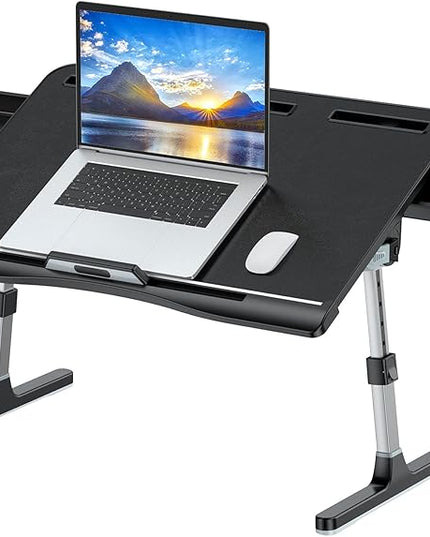 Laptop Bed Tray Table [Luxury PVC Leather], Adjustable Laptop Desk for Bed, Foldable Lap Desk for Laptop with 2 Drawers, Multifunctional Table for Working, Eating, Writing, Gaming, Drawing