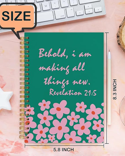 Inspirational Green Floral Christian Spiral Journal Notebook 5.5x8.3in, Prayer Bible Journal for Woman, Revelation 21:5 Bible Notebooks for Note Taking, Religious Hardcover Notebook