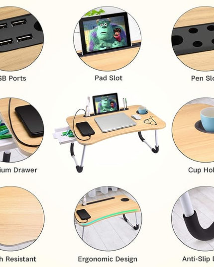 Slendor Lap Desk with Tablet Slot, Foldable Laptop Table with Storage Drawer for Bed，Portable Bed Desk for Laptop, Computer Tray with Cup Holder Notebook Stand Reading Holder for Couch Floor, Walnut