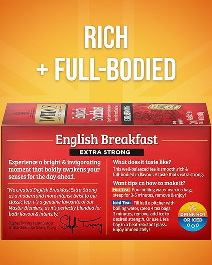 Twinings English Breakfast Extra Strong Black Tea Individually Wrapped Bags, 20 Count (Pack of 1), Robust, Caffeinated, Enjoy Hot or Iced, 20 Teabags