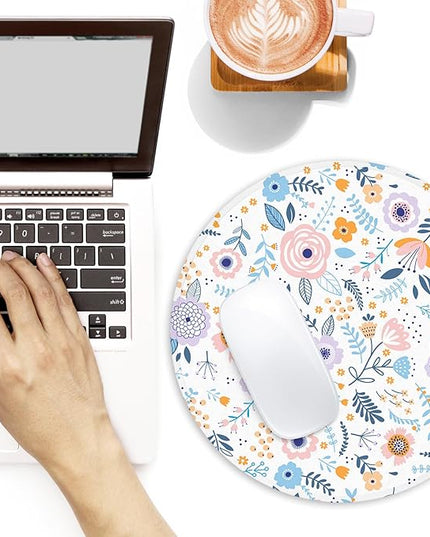 Pink Flowers Round Mouse Mat, Funny Small Mouse Mat with Non-Slip Rubber Base, Home Office Decor Desk Accessory, 8.7inch Round
