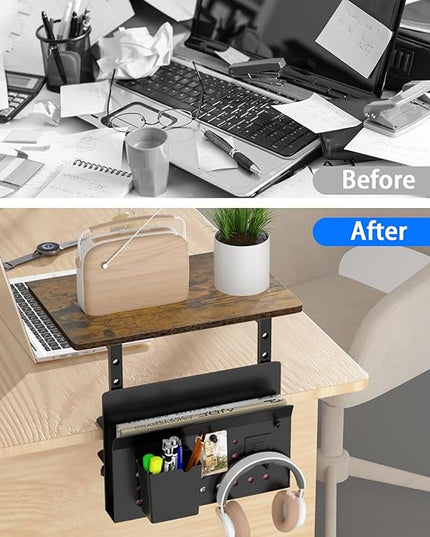 Desk Extender, Clamp On Desk Shelf Organizer, with Side Storage Steel Frame & 15 inch Wood Desktop Supplies Rack Clamp Mount Table Hanging Storage for Home Office Fits Flat Edge Tables 0.3" to 2.3"