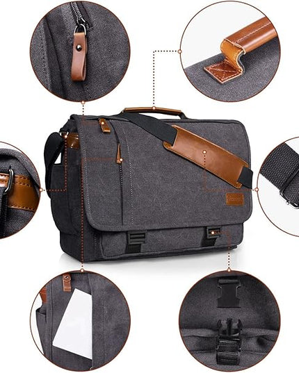ESTARER Computer Messenger Bag 15-15.6 inch, Water-resistant Canvas Work Bag Briefcase, Laptop ShoulderSatchel with Buckles, Grey