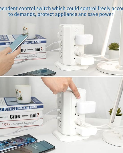 Power Strip Tower Surge Protector, NTONPOWER 8 Outlet 5 USB Desktop Charging Station 1625W 13A, 6ft Extension Cord Flat Plug, Individual Switches, 1080 Joules, Overload Protection for Home Office