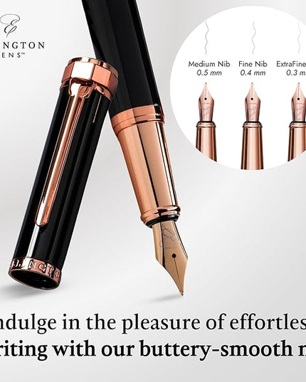 Ellington Pens Luxury Fountain Pen Set - Extra Fine Nib- Includes 3 Ink Cartridges, Refillable Ink Converter, Gift Box- Fountain Pens For Writing, Calligraphy, Journaling, Sketching (Midnight Rose)