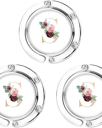 Iqimott 3pcs Personalized Initial Foldable Purse Hook for Table, Flower Letter Folding Handbag Hanger Portable Magnet Table Hook Holder, Collection Desk Purse Hooks for Women Bag (Pink-S)