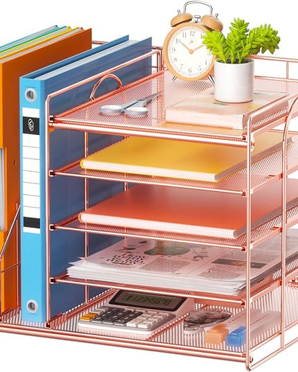 Marbrasse Desk Organizer with File Holder, 5-Tier Paper Letter Tray, Mesh Desk Accessories, Magazine Holder, Desktop Organizer and Storage for Office Supplies, Rose Gold