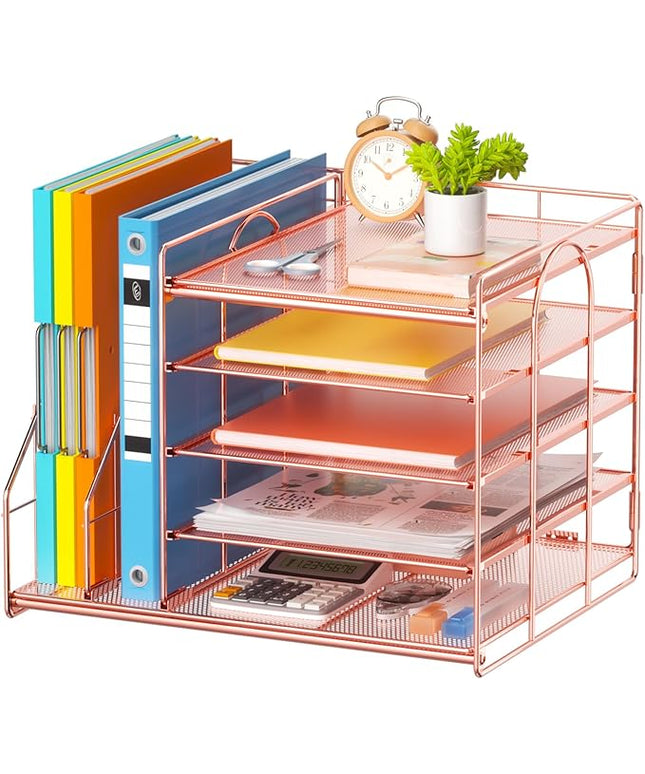 Marbrasse Desk Organizer with File Holder, 5-Tier Paper Letter Tray, Mesh Desk Accessories, Magazine Holder, Desktop Organizer and Storage for Office Supplies, Rose Gold