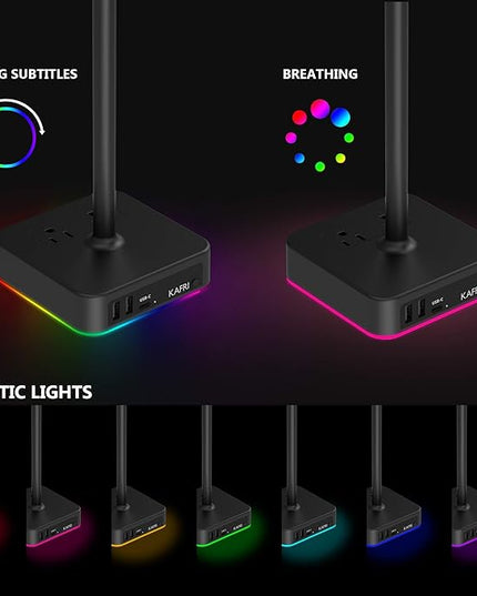KAFRI RGB Headphone Stand with USB A&C Charger Desk Gaming Headset Holder Hanger Rack with 3 USB Charging Port and 2 Outlet - Suitable for Gamer Desktop Table Game Earphone Accessories Boyfriend Gifts