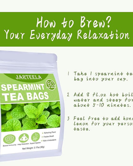 Jarteela - Spearmint Tea Bag, 1.5g x 60 Count - Pure Spearmint Leaves - Natural Herbal Tea Bags for Digestion - Non-GMO - Caffeine-free Tea