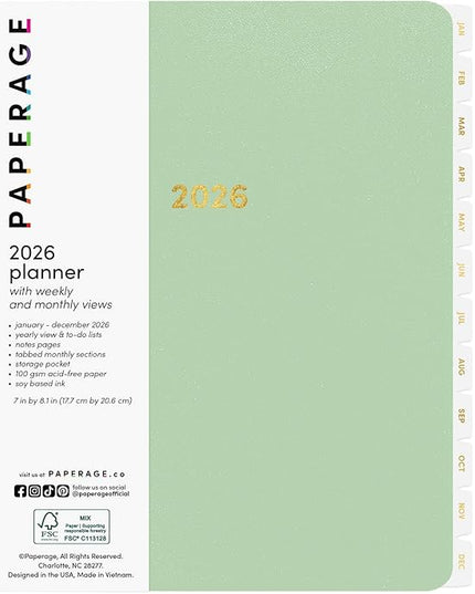 PAPERAGE 2026 Weekly & Monthly Planner, 12 Months (January 2026 - December 2026), 6.6 in x 8.1 in, Spiral Bound 2026 Planner with Weekly, Monthly & Yearly Views, Note Pages & Inner Pocket – Sage Green