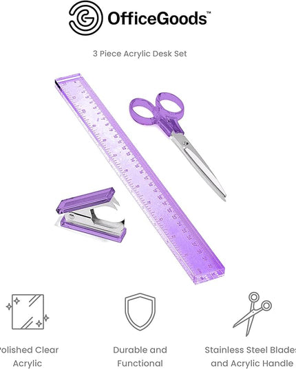 OfficeGoods 3 Piece Acrylic Desk Set - Includes Ruler, Staple Remover, Scissors - Functional & Elegant Desk Accessories - Stationery Tools for Home, Office, and School - Purple with Silver Metal