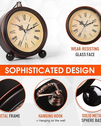 RODH Battery Alarm Clock,Vintage Retro Alarm Clock with Night Light，Hangable,Super Silent, Non Ticking Analog Small Table Clock for Bedroom,Bedside, Desk,Shelf