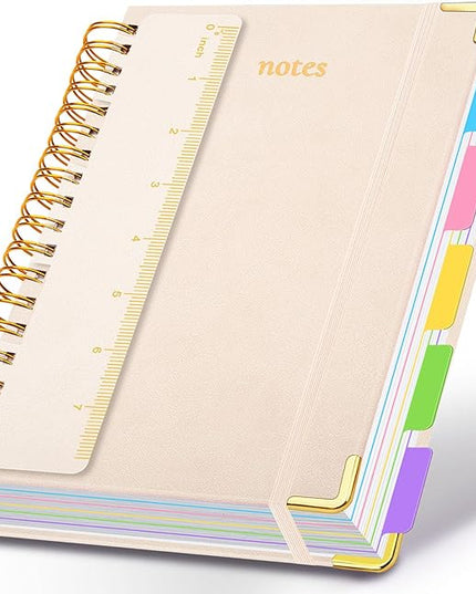 Hardcover Spiral Notebook 5.7"x 8.2" Journal Notebook with Tabs and Removable Dividers 300 Pages 5 Subject Notebook College Ruled, Faux Leather Spiral Bound Notebook for Women School Work(White)