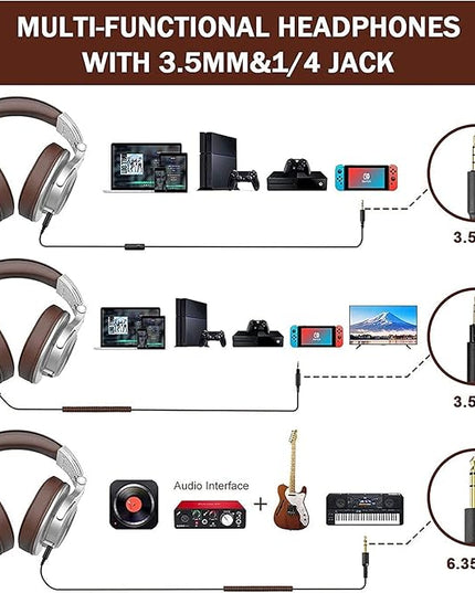 OneOdio A71 Hi-Res Studio Recording Headphones - Wired Over Ear Headphones with SharePort, Monitoring Mixing Foldable Headset with Stereo Sound, 3.5/6.35MM Jack for PC Computer DJ Guitar-Silver
