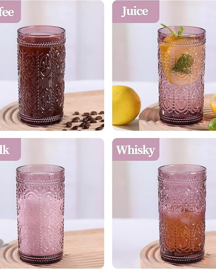 Purple Drinking Glasses Set of 4, Vintage Drinking Glasses, Colored Glassware Drinking, Highball Beverage Glasses Cup, Vintage Glassware Set for Water, Juice, Cocktail, Coffee