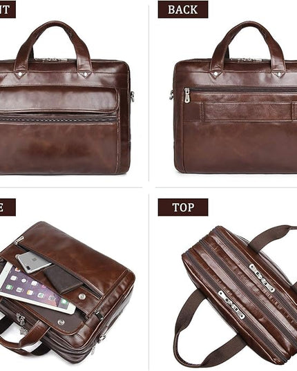 Augus Genuine Leather Mens Briefcase businessTravel Bags 15.6 Inch Laptop Bag YKK Zipper, Coffee