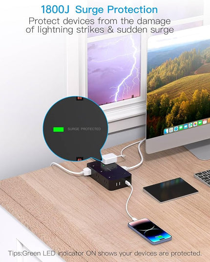 Black Flat Extension Cord 10 Ft, HANYCONY Power Strip Surge Protector with 12 Outlets 4 USB Ports(2 USB C), 1800J, Wall Mount, Desk Charging Station for Office Home College Dorm Room Essentials