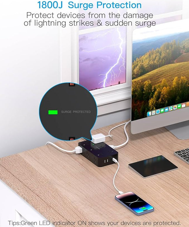 Power Strip Surge Protector with 12 Outlets 4 USB Ports(2 USB C), HANYCONY Black Flat Extension Cord 6 Feet, 1800J, Wall Mount, Desk Charging Station for Office Home College Dorm Room Essentials