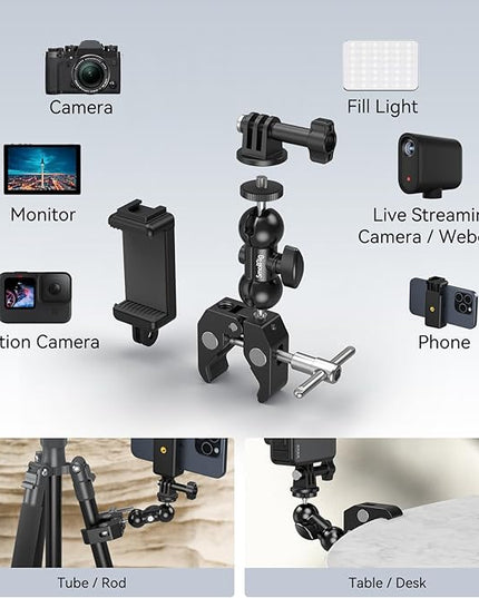 SMALLRIG Camera Mount Kit, Ball Head Magic Arm With Clamp, Super Clamp With Non-Slip Threads for GoPro, Webcam, Camera, Phone, Monitor and Light