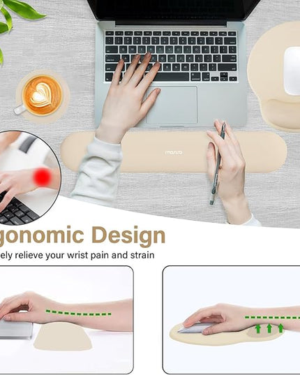 MOSISO Wrist Rest for Keyboard Mouse Pad Set, Large Gaming Deskpad&Circle Curved Mousepad&Keyboard Wrist Rest&Coaster, Ergonomic Non-Slip Mousepad&Easy Typing Pad with Silicone Lining, Apricot