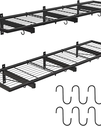 2 Pack Garage Wall Shelves, 46"X 12.5" Garage Shelving Wall Mounted, Heavy Duty Shelf Organizer with 8 Hooks, Black Floating Storage Metal Rack 320 LBS Capacity for Laundry Room, Office, Basement