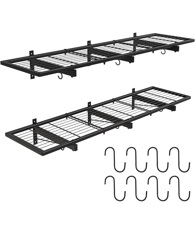 2 Pack Garage Wall Shelves, 46"X 12.5" Garage Shelving Wall Mounted, Heavy Duty Shelf Organizer with 8 Hooks, Black Floating Storage Metal Rack 320 LBS Capacity for Laundry Room, Office, Basement