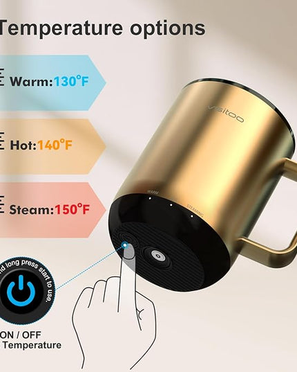 Vsitoo S3 Plus 14oz Heated Coffee Mug- Temperature Control Smart Mug with Mug Warmer, Auto-Sensing AI Heats Drinks to 120-150°F Hands-Free.Ideal for Home/Office/Gifts，Gold