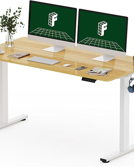 FLEXISPOT One-Piece Electric Standing Desk, 55 x 28 Inches Adjustable Desk with Seamless Desktop, Memory Controller Height Adjustment (White Frame + Maple Desktop, 2 Packages)