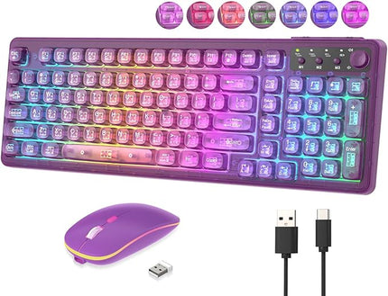 Purple Light Up Keyboard and Mouse Wireless,Cute 2.4Ghz Cordless Rechargeable Transparent Backlit Keyboard,15 Backlight Effects,Volume Knob,RGB Mouse with 3 DPI for Mac Computer PC Laptop Desktop iPad
