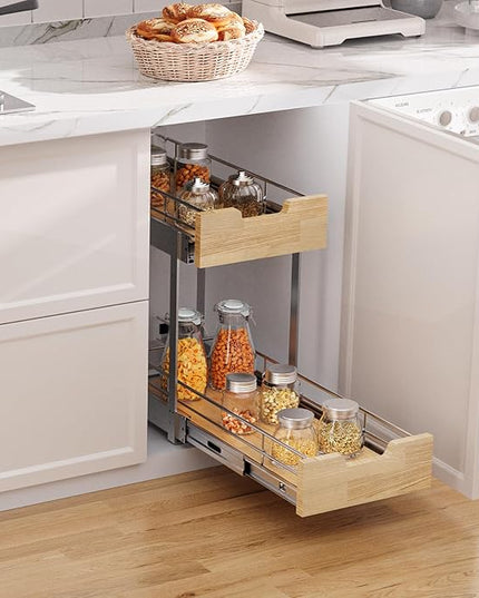 Sikarou Pull Out Cabinet Organizer,Heavy-Duty Slide Out Shelf, Wood and Wire Basket, Pull Out Drawer for for Kitchen Under Sink Space, Pantry, Bathroom, 2 Tie 9 * 21 in